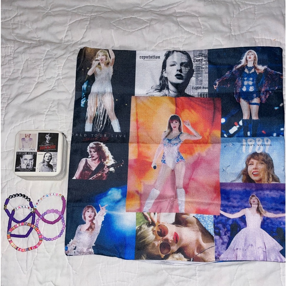 Taylor Swift 1-18”X18” pillow case 1- Small zip up jewelry box &5 TS Bracelets.
